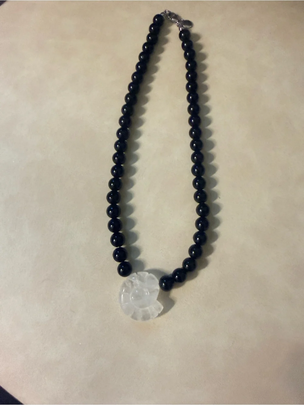 Black Beaded Necklace with Clear Shell Accent